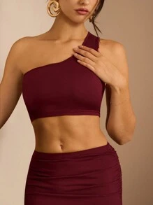 Glamine Women Solid Color Asymmetric Shoulder Sleeveless Crop Top And Skirt Set - Red Violet - View 5