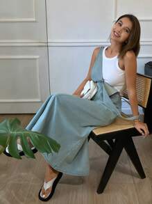 Livesso 女士休闲百搭 V 领牛仔连身裙 - 淺色水洗藍 - 查看 6