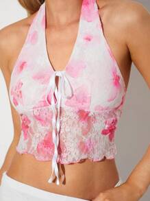 SHEIN EZwear Women's Lace Halter Front Tie Camisole, Casual Vacation