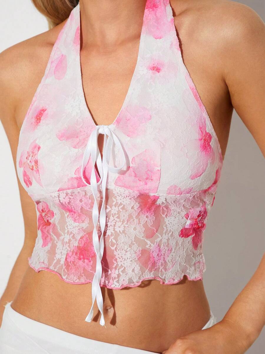 SHEIN EZwear Women's Lace Halter Front Tie Camisole, Casual Vacation