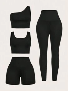 SHEIN Essnce Đồ thể thao nữ cỡ lớn, Bộ 4 món, Bộ đồ nữ, Đồ tập yoga, Đồ mặc ngoài, Bộ đồ mùa hè, Bộ đồ tập thể dục, Quần bó, Quần bó, Bộ đồ đen - màu đen - Xem 3