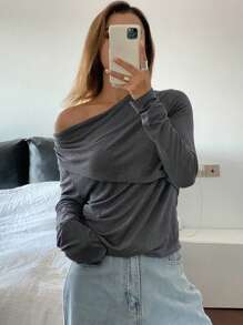 DAZY 纯色宽松船领长袖拼布女式T恤，秋季服装