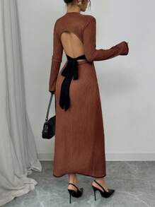 SHEIN Unity Women's Elegant Long Sleeve Dress,Black And White Open Back With Bowknot,Fishtail Hem Fitted Silhouette,Autumn Dinner Date Textured Jacquard Fabric - Coffee Brown - View 5