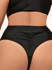 Swim Vcay Summer Beach Plus Ruched Bikini Thong - Black - View 5