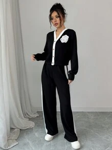 Set de 2 piezas de top y pantalones casuales de unicolor con mangas largas para mujeres - Blanco y Negro - Ver 3