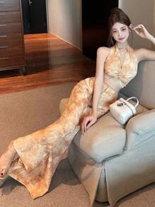 DAZY Floral Print Twist Front Top & Wide Leg Pants 2 Pieces Set For Women