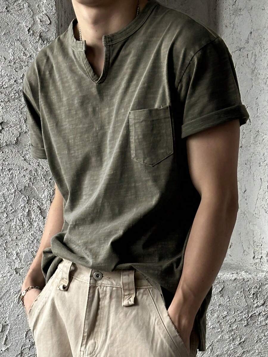 DAZY Summer Men's V-Neck Textured Fabric T-Shirt In Green - Green - View 1