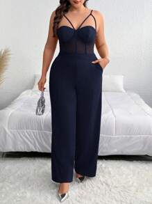 SHEIN Privé 1 件女式加大码纯色网眼拼接宽腿优雅细肩带连体裤 - 藏蓝色 - 查看 4