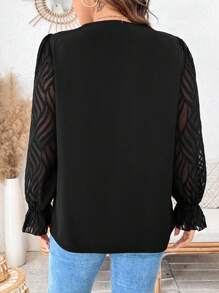 SHEIN LUNE Plus Size Plain V-Neck Long Sleeve Casual Shirt - Black - View 2