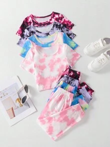Bộ 2 món/bộ áo thun và quần dài in họa tiết nhuộm loang cổ tròn tay ngắn cho bé gái, kết hợp nhiều màu, phù hợp cho mùa xuân/hè - Nhiều màu - Xem 1