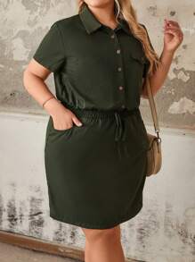 SHEIN LUNE Vestido camisero verde militar talla grande para mujer, con cintura elástica, cierre delantero semi-abierto, manga corta, para uso casual y de oficina, primavera/verano