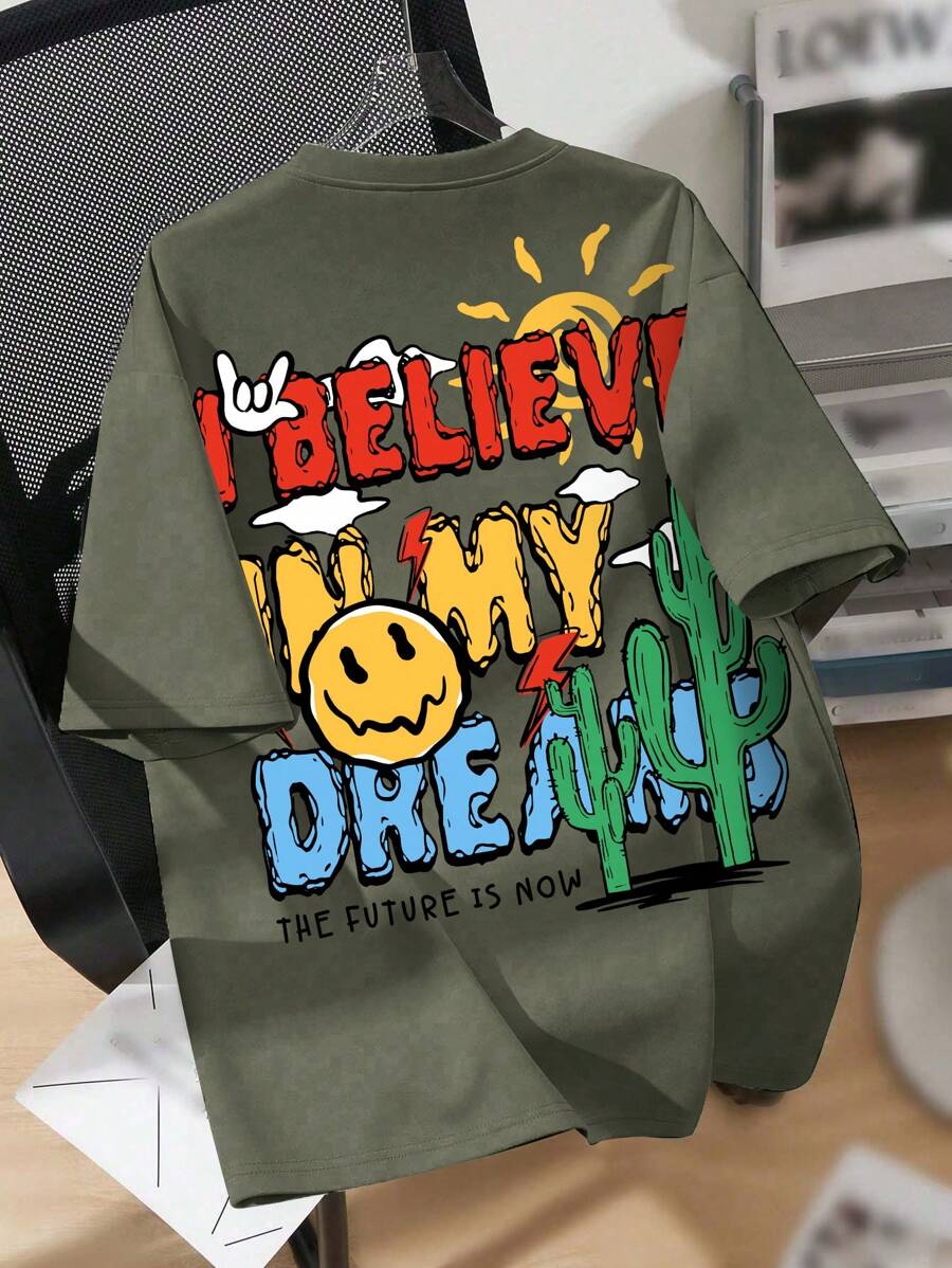 SHEIN Teenage Boy Simple Casual Round Neck Short Sleeve T-Shirt, Suitable For Summer - Army Green - View 1