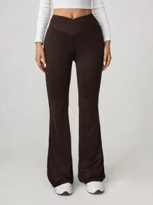 SHEIN Tall 2024 New Summer Simple Solid Color Wrap High Waist Flared Brown Pants - Brown - View 1
