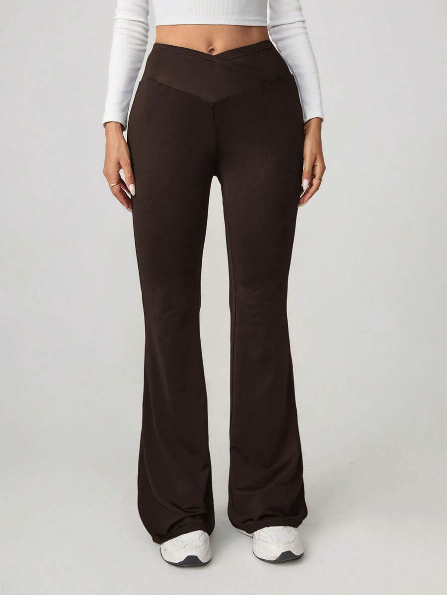 SHEIN Tall 2024 New Summer Simple Solid Color Wrap High Waist Flared Brown Pants - Brown - View 1