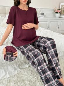 2 Pieces Plain Ribbed Trim Button Decor Short Sleeve Top And Plaid Long Pants Maternity Pajamas Set