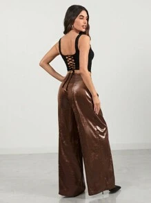 Glamine Pantalones anchos de talle alto de tela metálica marrón retro para mujer de diseño elegante, apropiados para el trabajo, fiestas, citas y uso versátil.