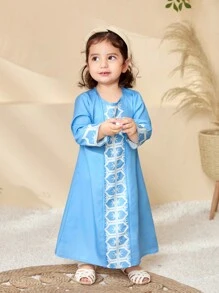 斋月女婴幼儿 0-3 岁春夏新品四季休闲日常穿着长袖圆领蓝白连衣裙长袍 - 藍色 - 查看 5