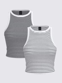 SHEIN BASICS Set de 2 tops casuales de punto de color liso con hombros descubiertos y recortados ajustados para mujer