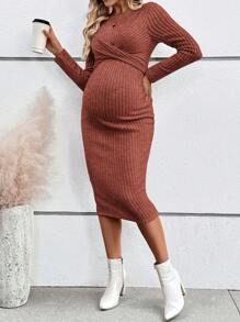 SHEIN 孕妇纯色圆领长袖紧身连衣裙 - 紅色 - 查看 6