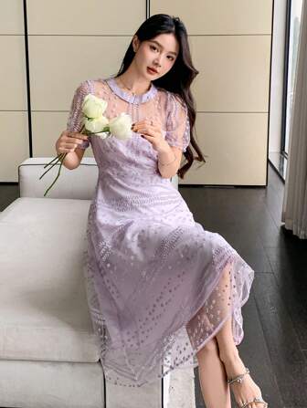 DAZY シアーメッシュアクセント付き ウエストシャーリング プラントプリント サンドレス レディース 春新作