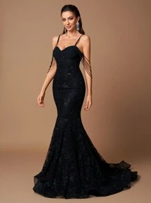 UNITHORSE Spaghetti Strap Embroidery Floral Decor Mermaid Dress With Trailing, Wedding Dress,Bride - Black - View 2