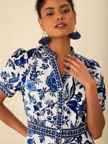 Travachic Women Floral Print V-Neck Short Puff Sleeve Mini Dress