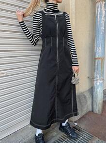 FRIFUL Women's Plain Zip Collar Casual Mid-Length Overall Dress