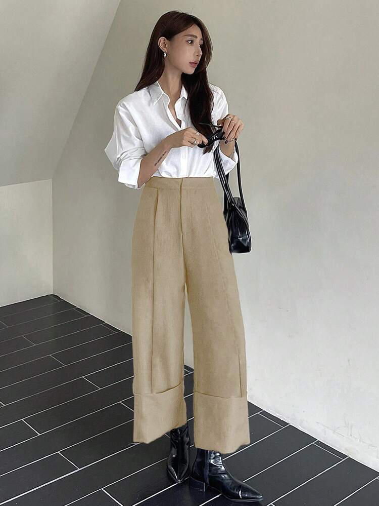 Women's Solid Color Cropped Length Straight Leg Pants With Hem And Pockets Fall/Winter Business Attire