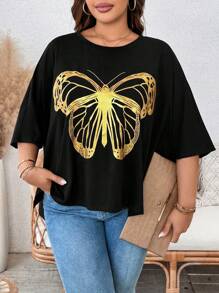 SHEIN LUNE T-shirt imprimé papillon en feuille, robe de refroidissement, tenue anti-stress, robe de soirée longue élégante, loungewear mode pour femmes