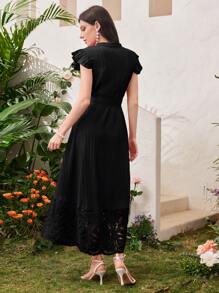 Modelyn Burgundy Red Women's Solid Color Simple Daily Wear Belted Dress - Black - View 2