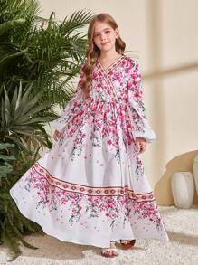 SHEIN Leap Crew Tween 女童花卉印花交叉 V 领长袖收腰连衣裙，优雅长裙，白色连衣裙，玫瑰花朵印花，波西米亚风，休闲，度假，旅行 - 彩色 - 查看 6