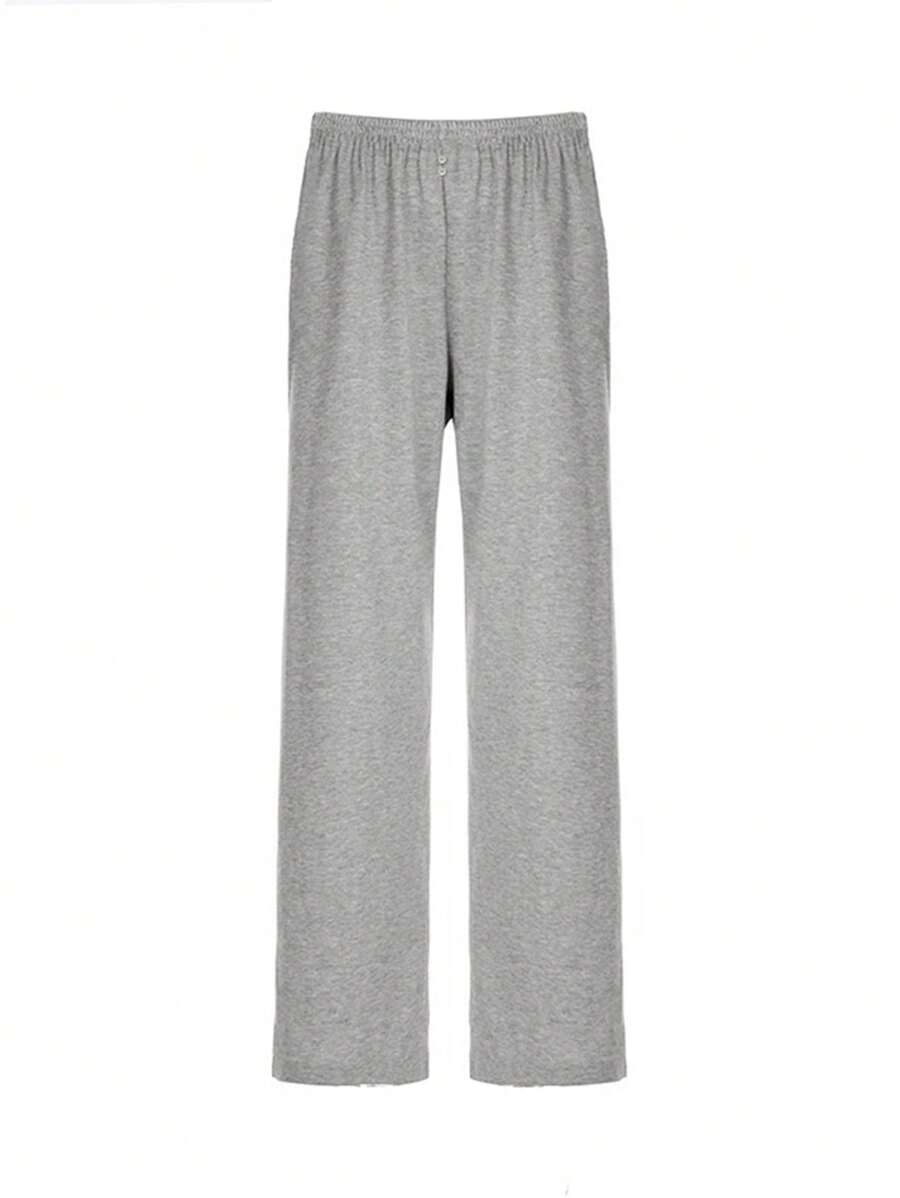 Women's Casual Floral Gray Button Straight Leg Long Sweatpants - Grey - View 1