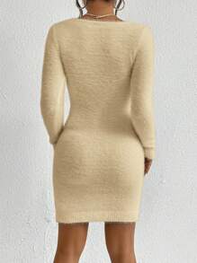 SHEIN Privé 女士纯色圆领长袖羊毛修身毛衣连衣裙，秋冬 - 杏色 - 查看 2