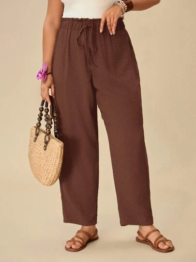Travachic Pantalones casuales rectos y sueltos de unicolor con atar a la cintura para mujeres de talla grande