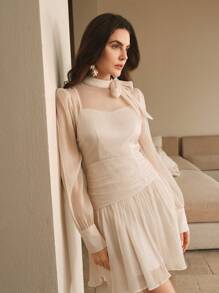 Anewsta Vestido corto elegante y sencillo de cintura entallada con estilo retro de palacio, adecuado para primavera/verano - Albaricoque - Ver 6