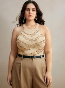 Anewsta 圆领奢华金色珍珠装饰贴身针织背心，女士夏季服装 - 杏色 - 查看 7