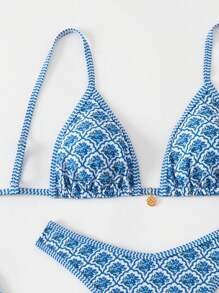 Swim Mod Women Summer Random Floral Spaghetti Strap Sexy Bikini Set - Blue and White - View 3