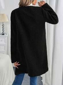 SHEIN LUNE 女士休闲长袖外套，蓬松面料，圆领，中长款，正面纽扣开合，装饰纽扣，秋冬 - 黑色 - 查看 2