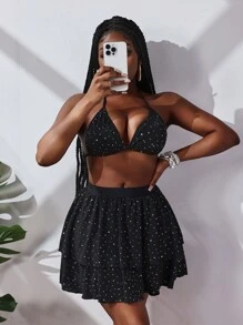 Slaydiva Contrast Sequin Halter Top And Ruffle Hem Skirt Women's Bikini Swimwear Set , For Summer Beach Vacation - Black - View 3