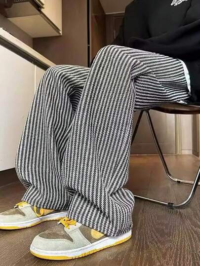 Claim Dot Men's Simple Striped Drawstring Casual Long Pants, Everyday Wear, Fall