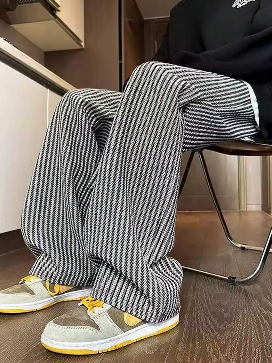 Claim Dot Men's Simple Striped Drawstring Casual Long Pants, Everyday Wear, Fall - Black and White - View 1