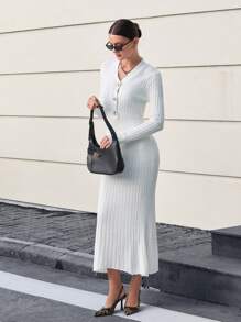 EURMUSE Women V-Neck Belt Detailed Sweater Dress