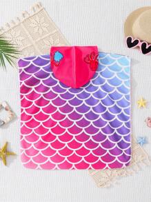 SHEIN Leap Crew Young Girl Knitted Terry Hooded Cute Mermaid Pattern Jumpsuit, Suitable For Vacation Girl Beach Towel ,Spring,Summer. - Multicolor - View 2