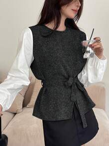 DAZY Camisa casual de primavera para mujer con bloqueo de color, cuello redondo y cinturón