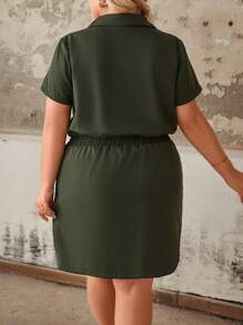 SHEIN LUNE Vestido camisero verde militar talla grande para mujer, con cintura elástica, cierre delantero semi-abierto, manga corta, para uso casual y de oficina, primavera/verano