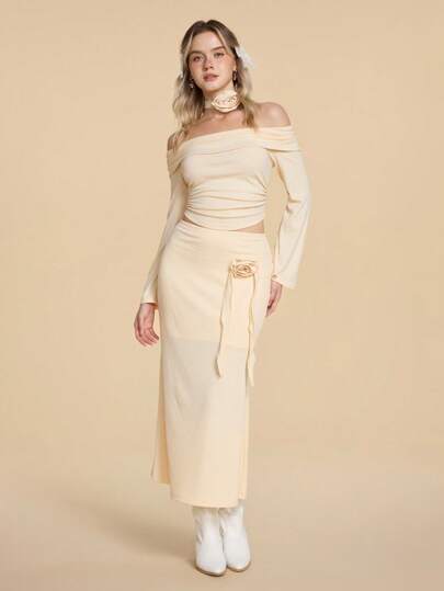 Kawaii 2 Stücke Süßes Kleid mit 3D Blumenmuster und Glockenärmeln im Meerjungfrauen-Stil für Damen, Off-Shoulder