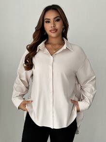 SHEIN Unity Plus Size Solid Color Button Front Long Sleeve Casual Shirt, Everyday Wear - Apricot - View 2