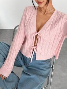 SHEIN Unity Autumn/Winter Pink Bow & Cable Pattern Cardigan, Cute And Commuting Style - Pink - View 1
