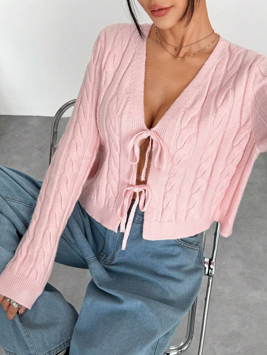 SHEIN Unity Autumn/Winter Pink Bow & Cable Pattern Cardigan, Cute And Commuting Style - Pink - View 1