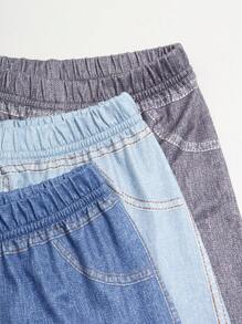 SHEIN 3pcs/Set Girls Denim Effect Cute Cartoon Pattern Long Leggings Set - Multicolor - View 4